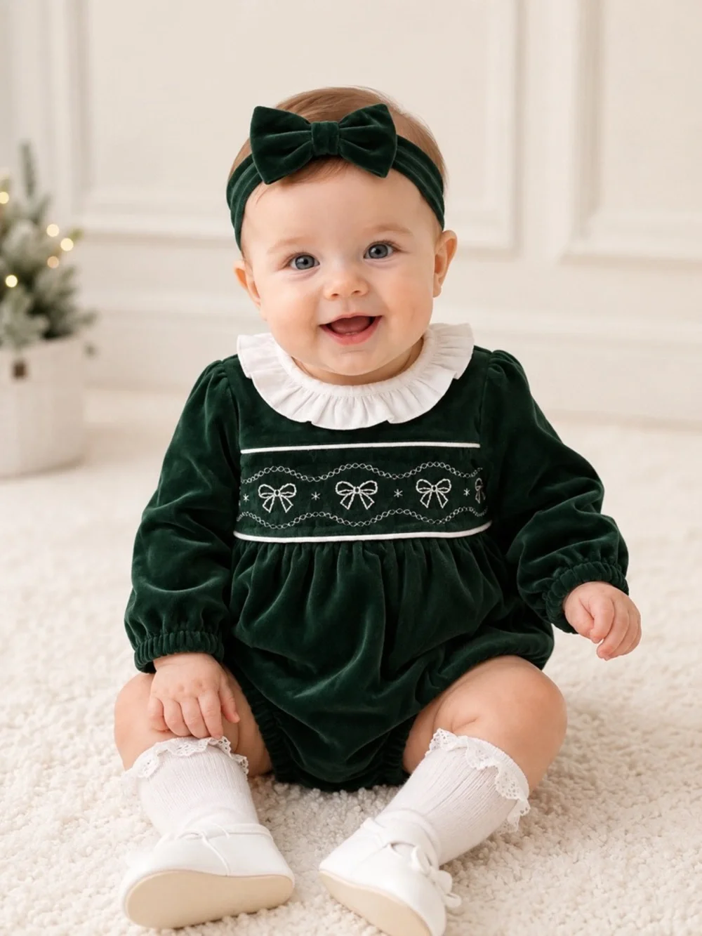 New - Little Me Velvet Baby Bubble Romper with Bow Headband
